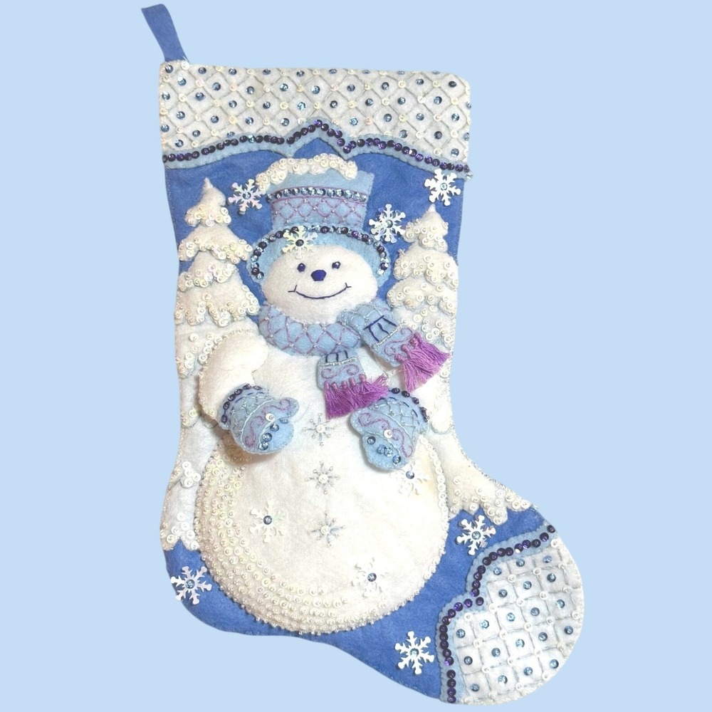 FINISHED Bucilla Handmade Snowman Sequin Felt Christmas Stocking Winter Blue 16"